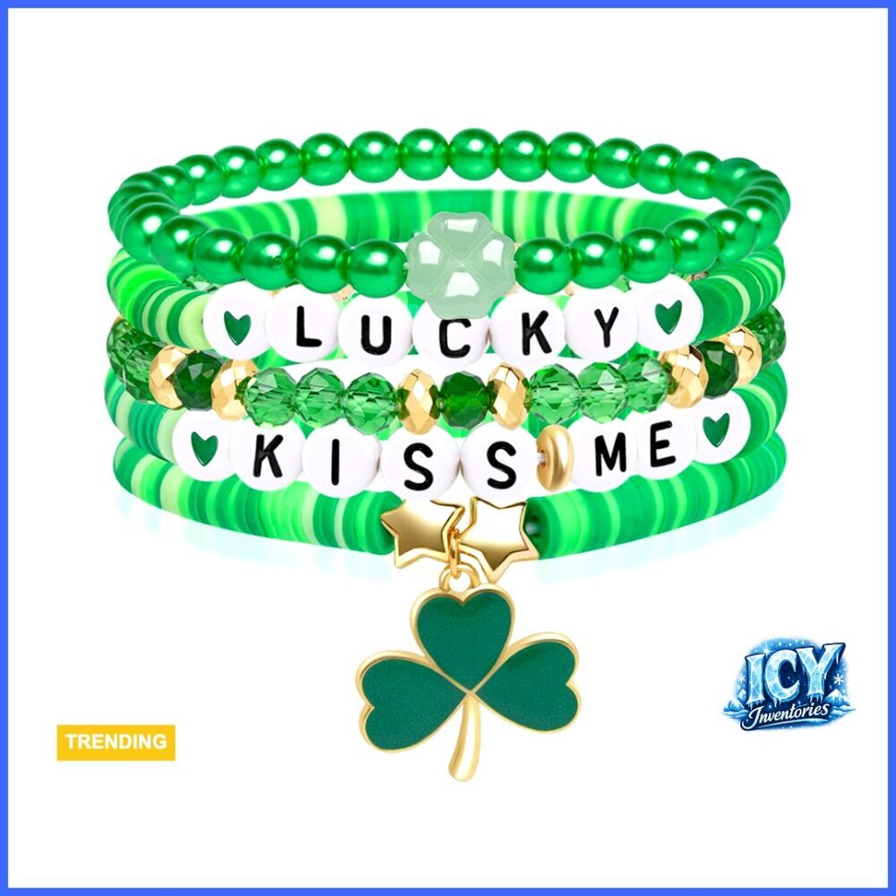 Stretch Shamrock Charm Bracelet with Green Beads, Adjustable Stackable